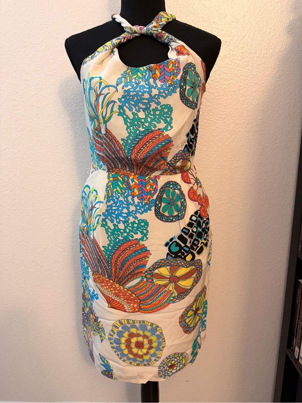 Banana Republic Trina Turk Cream Halter Mini Dress with Turquoise & Orange Print